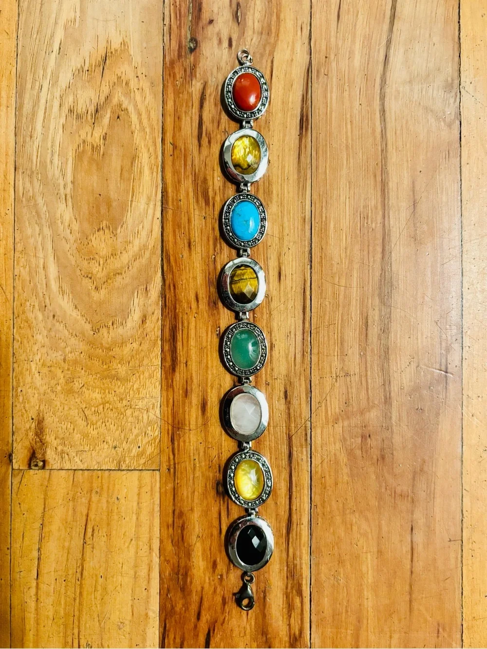 Multi-Stone Silver-Tone Bracelet with Colorful Cabochons